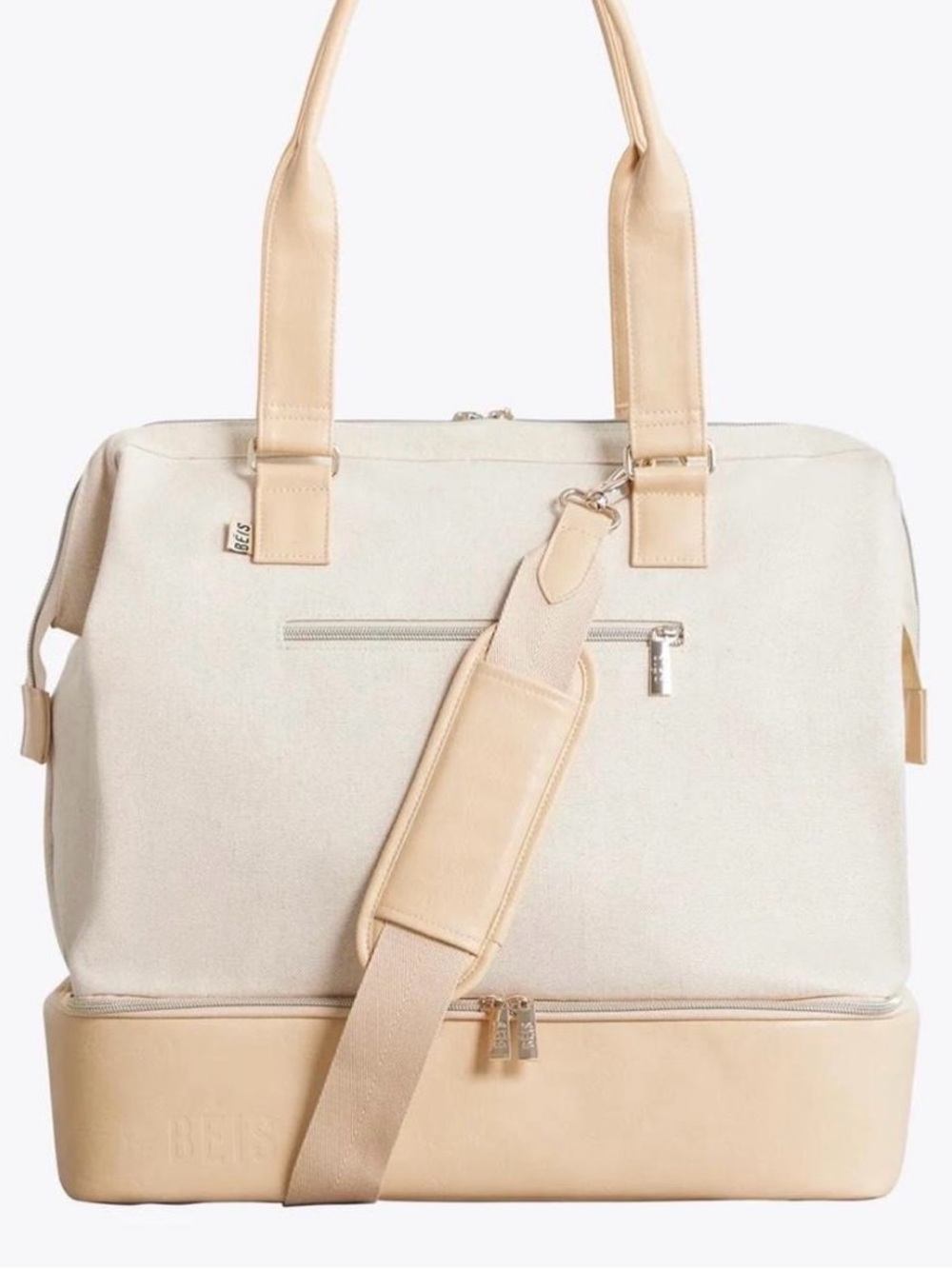 BEIS Cream and Tan Canvas Travel Bag with Shoulder Strap